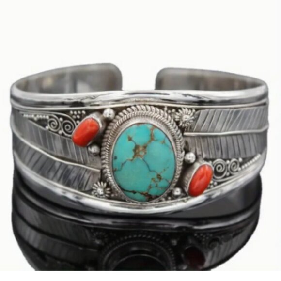 Silver Plated Cuff Bracelet - Western Boho - Turquoise & Red accent Ston… - Picture 1 of 4